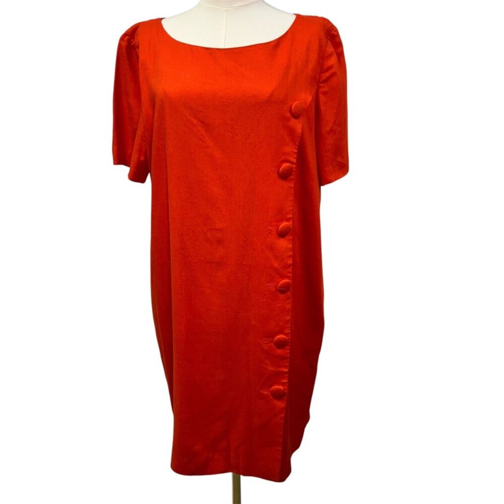 Vintage Caren Charles Sheath Dress Womens 12 Orange Buttons Rayon linen‎ 80's
